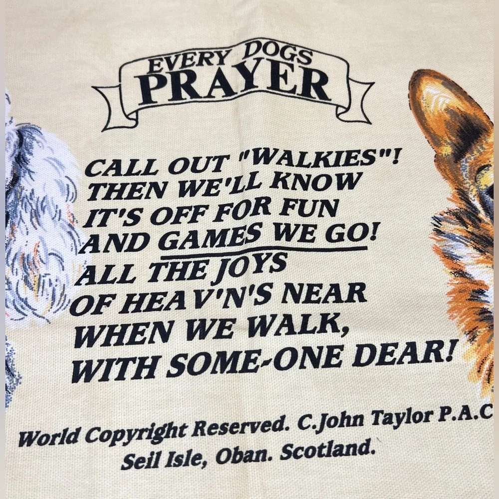 Vintage Every Dog's Prayer Scottish Cotton Tea Towel Illustrated Wall Hanging